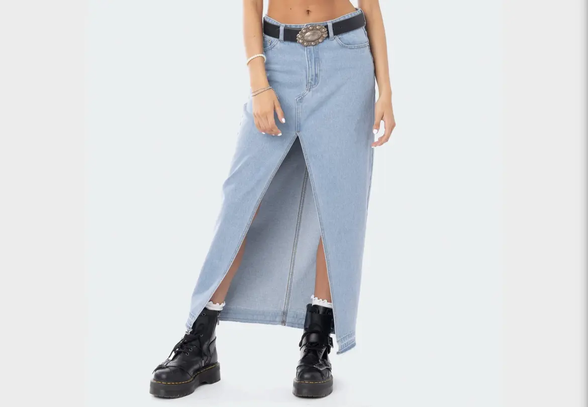 Blue denim maxi skirt with split